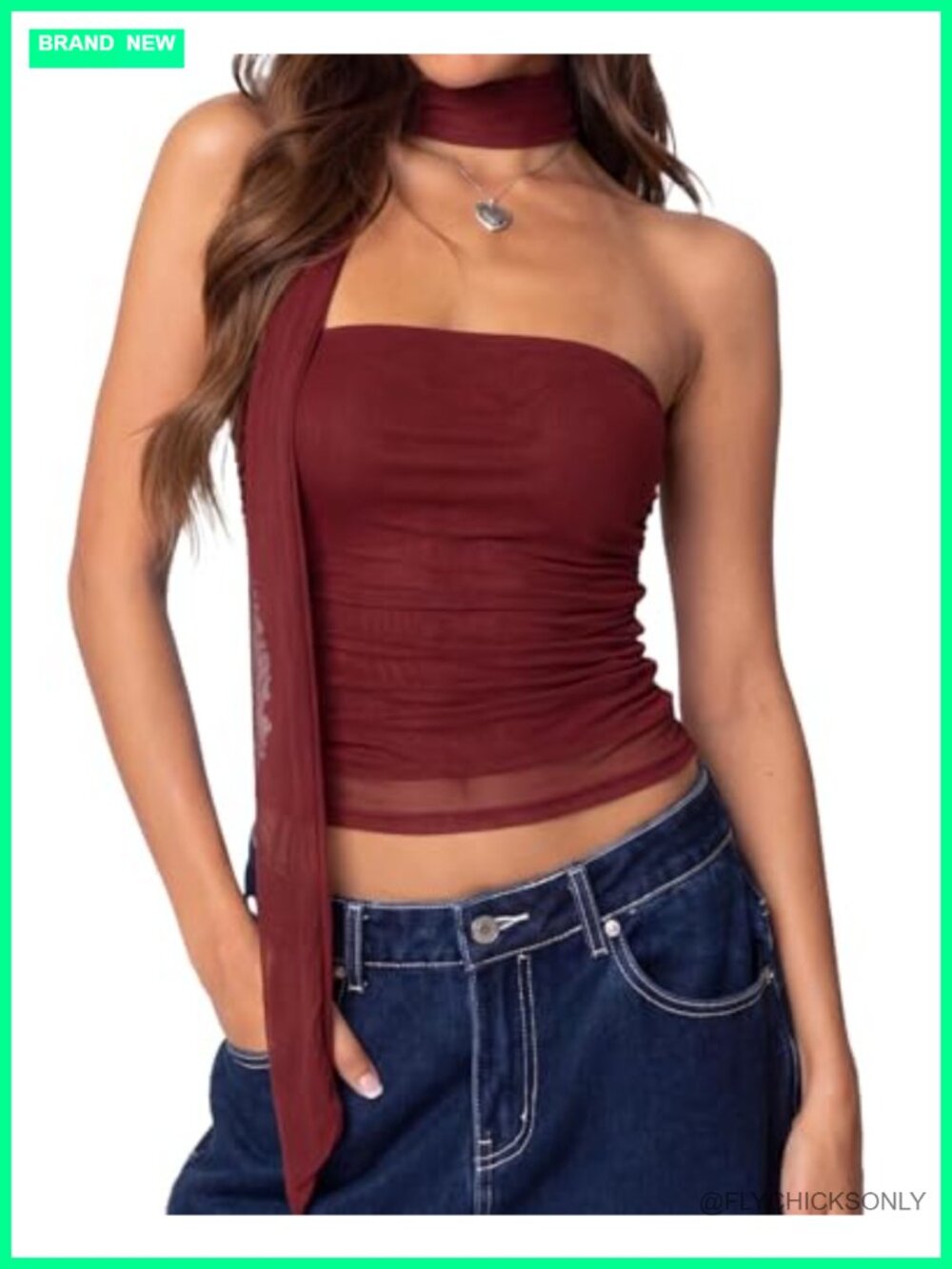 Mesh Tube Top Sleeveless Bandeau Tank with Scarf Ruched Backless Y2k